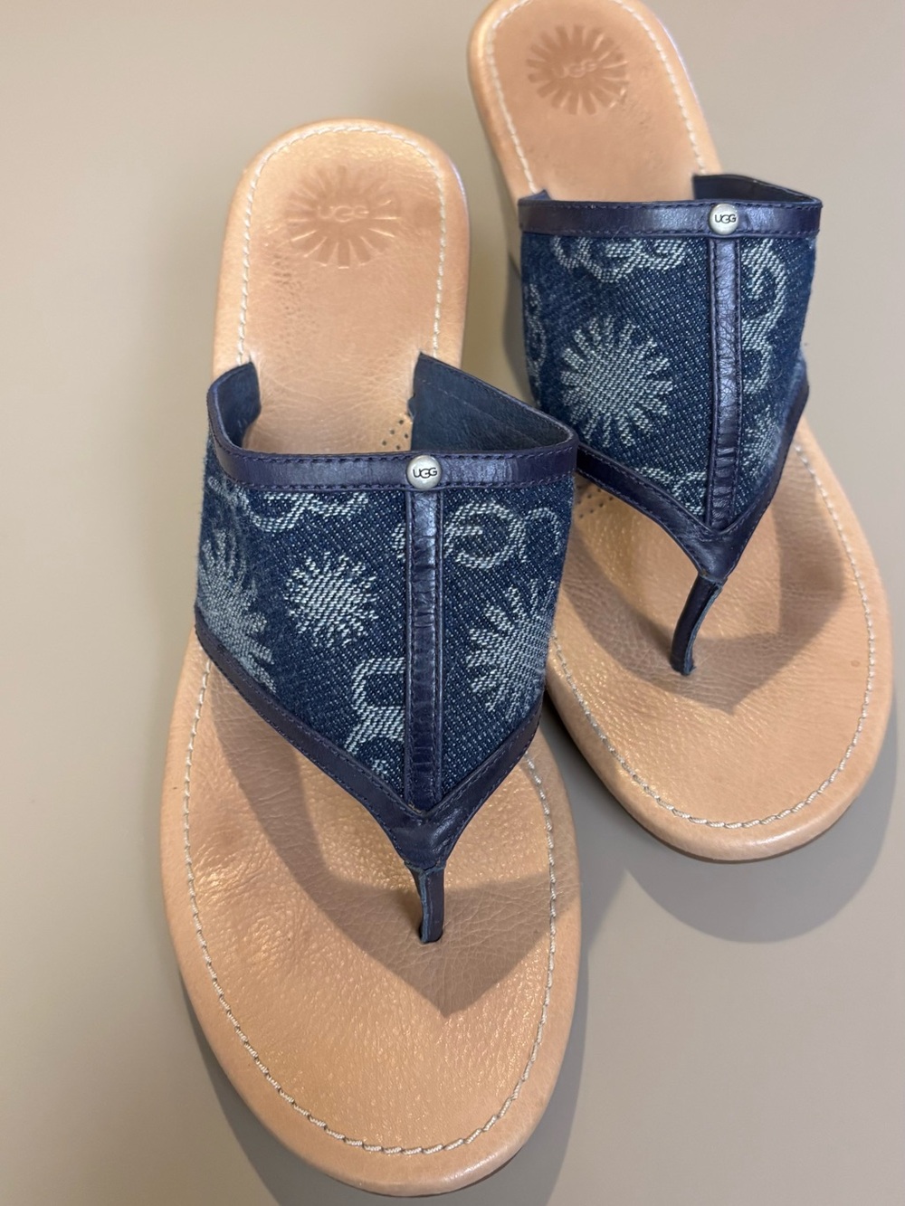 UGG Women's Navy Denim & Leather Logo Patterned Thong Sandals